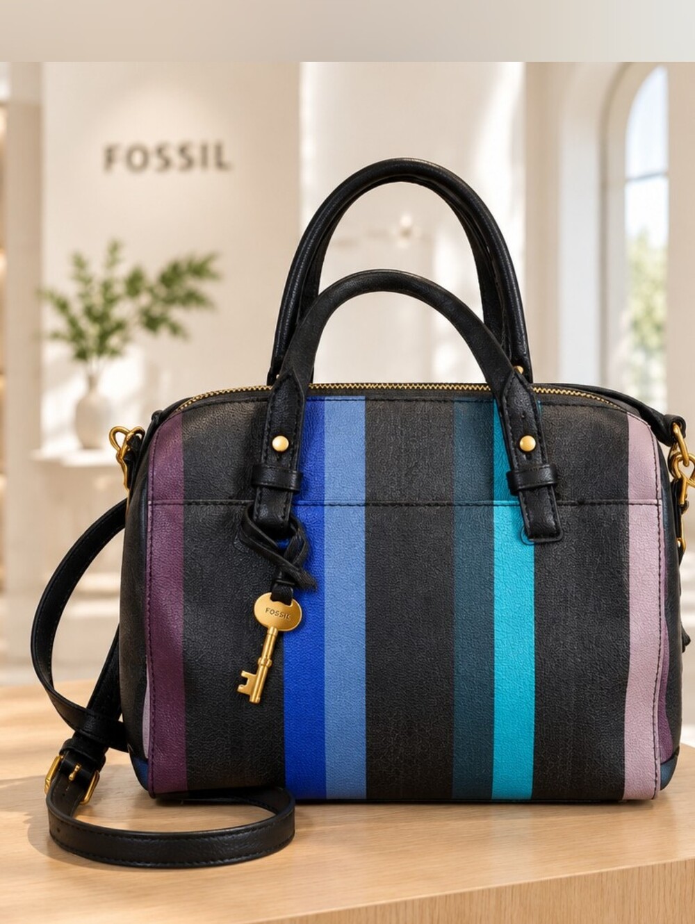 Fossil Black Satchel with Blue, Teal, Navy & Blush Stripes